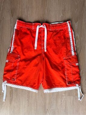 No Boundaries Men's Orange Cargo Swim Shorts with White Trim